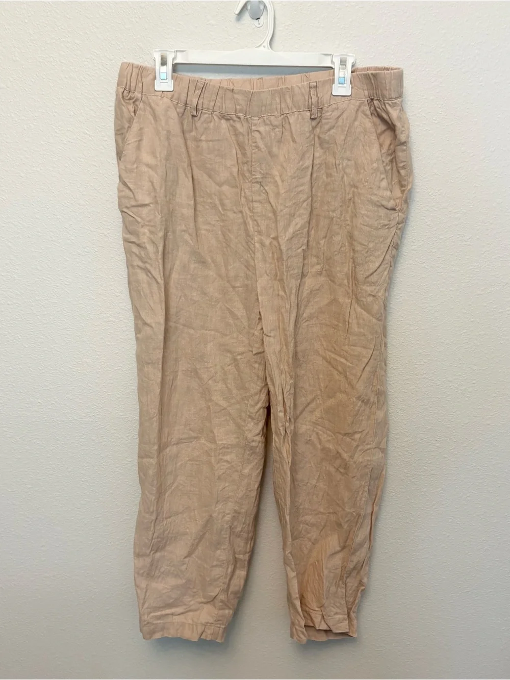 Quince 100% European Linen Pants Driftwood Stretch Elastic Waist Size L Pockets